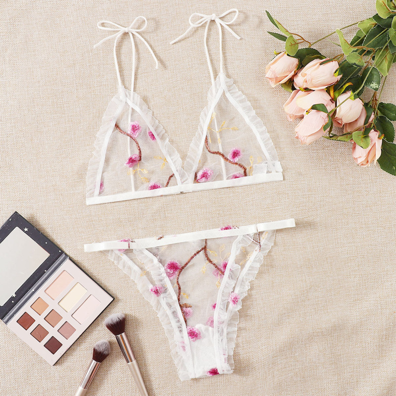 

Floral Embroidery Frill Trim Mesh Lingerie Set, White