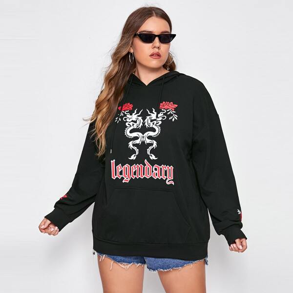 

Plus Dragon And Floral Print Hoodie, Black