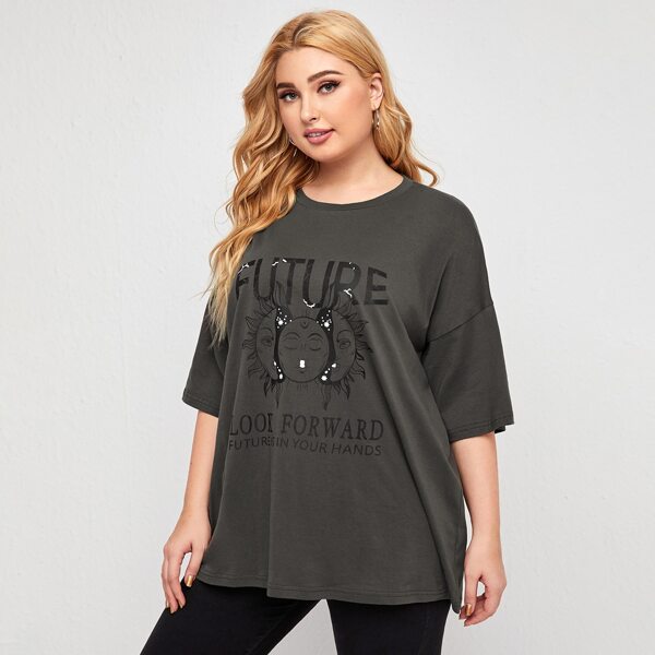 

Plus Drop Shoulder Letter Graphic Tee, Dark grey