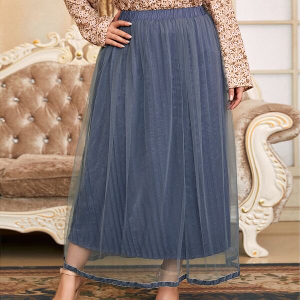 

Plus Elastic Waist Mesh Overlay Skirt, Dusty blue