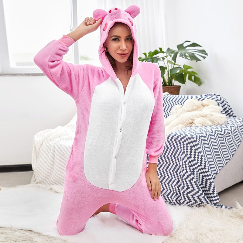 

3D Pig Ear Design Button Front Plush Onesie, Pink