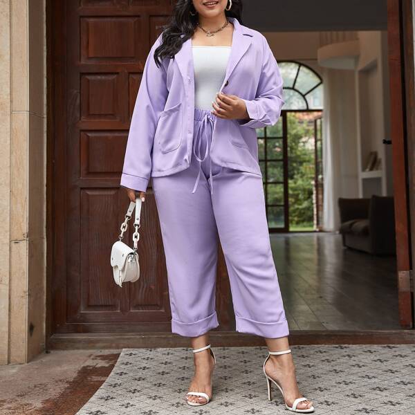 

Plus Lapel Collar Single Button Blazer With Cropped Pants, Lilac purple
