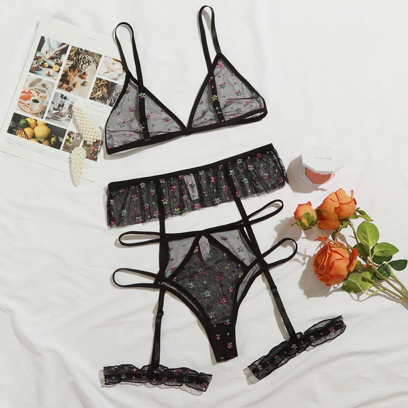 

Floral Sheer Mesh Garter Lingerie Set, Black
