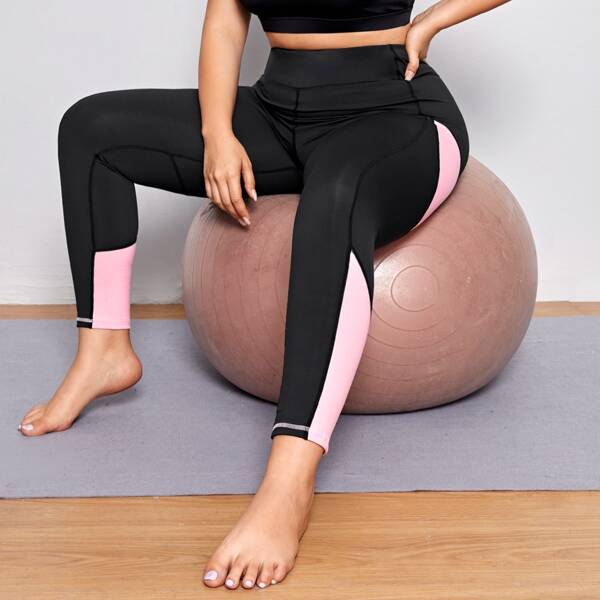 

Plus Contrast Panel Sports Leggings, Black