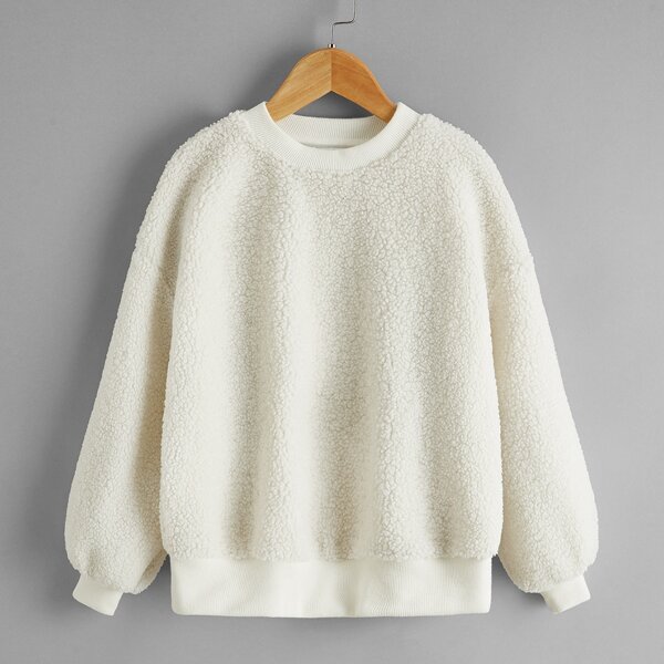 

Girls Drop Shoulder Solid Teddy Pullover, Beige