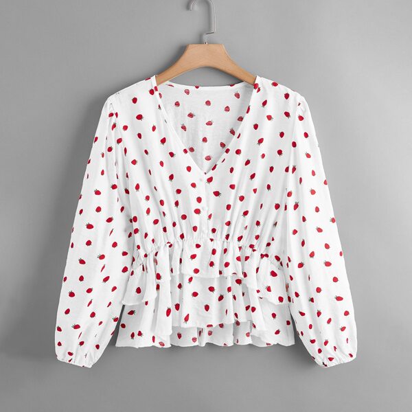 

Plus Strawberry Print Babydoll Blouse, White