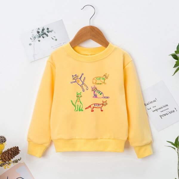 

Toddler Girls Cat Print Round Neck Sweatshirt, Yellow