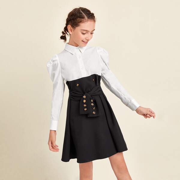 

Girls Gigot Sleeve Button Detail Tie Front Combo Shirt Dress, Black and white