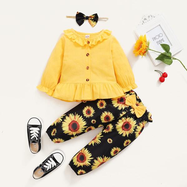 

Baby Girl Ruffle Hem Blouse & Sunflower Print Bow Detail Pants & Headband, Multicolor