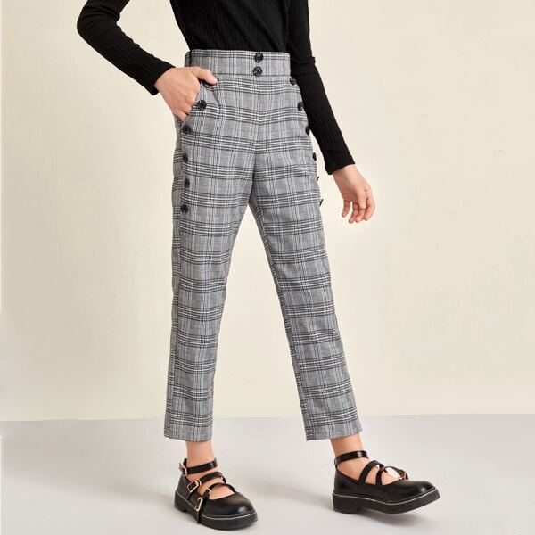 

Girls Zipper Side Button Detail Plaid Pants, Grey