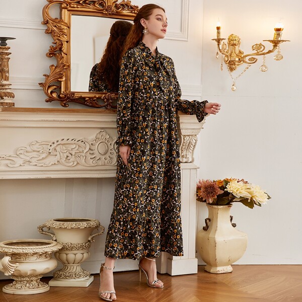 

Floral Print Tie Neck Ruffle Hem Smock Dress, Multicolor