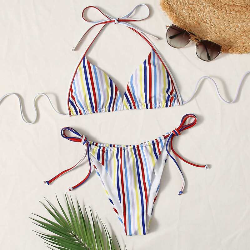 

Stripe Triangle Tie Side Bikini Swimsuit, Multicolor