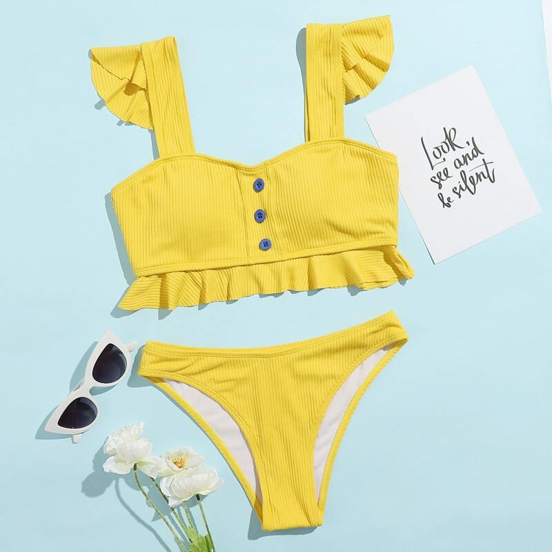 Button Front Ruffle Trim Bikini Swimsuit, Yellow