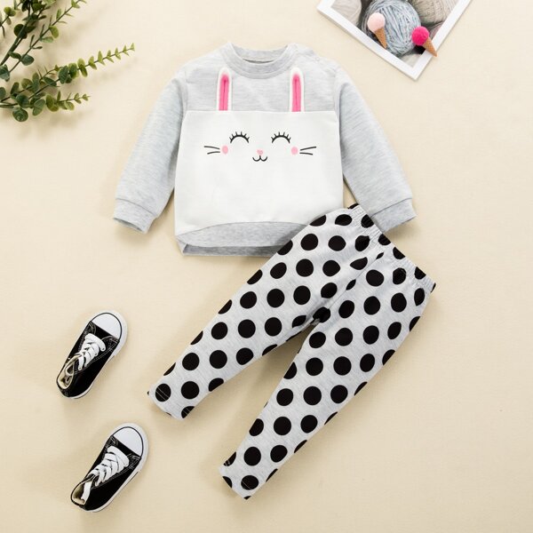 

Baby Girl Cartoon Graphic 3D Ear Sweatshirt & Polka Dot Sweatpants, Multicolor