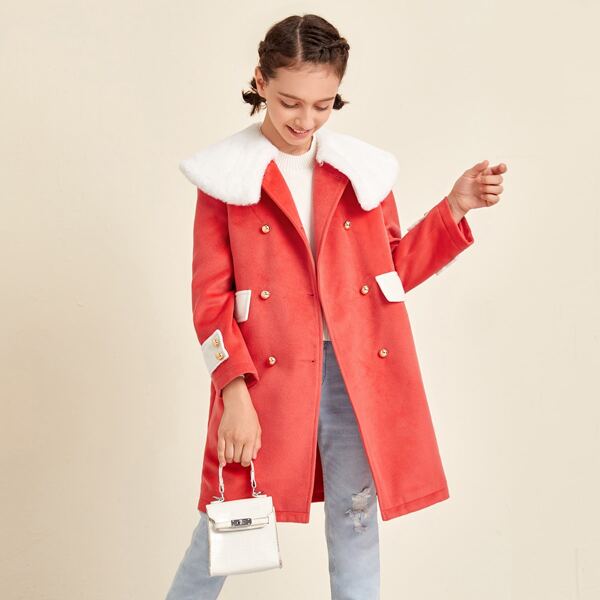 

Girls Contrast Faux Fur Collar Pea Coat, Watermelon pink