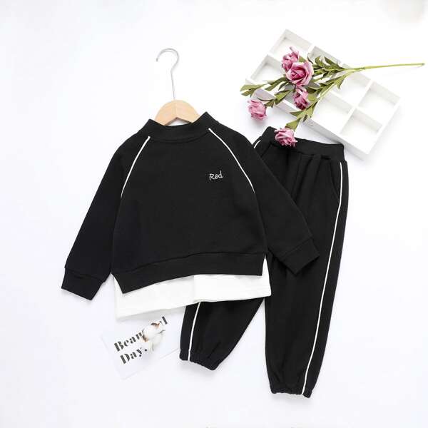 

Toddler Girls Letter Graphic Raglan Sleeve Combo Sweatshirt & Sweatpants, Black