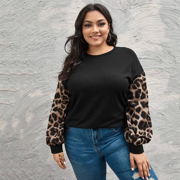 

Plus Contrast Leopard Sleeve Sweatshirt, Black