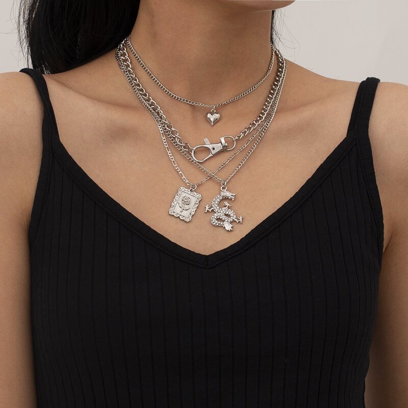 

4pcs Chinese Dragon Chain Necklace, Silver