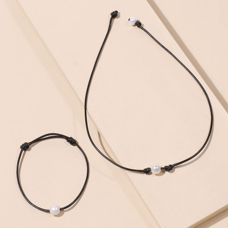 

2pcs Faux Pearl Choker & Bracelet, Black