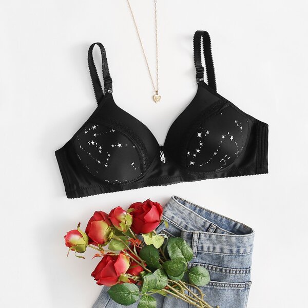 

Plus Star Print Bra, Black