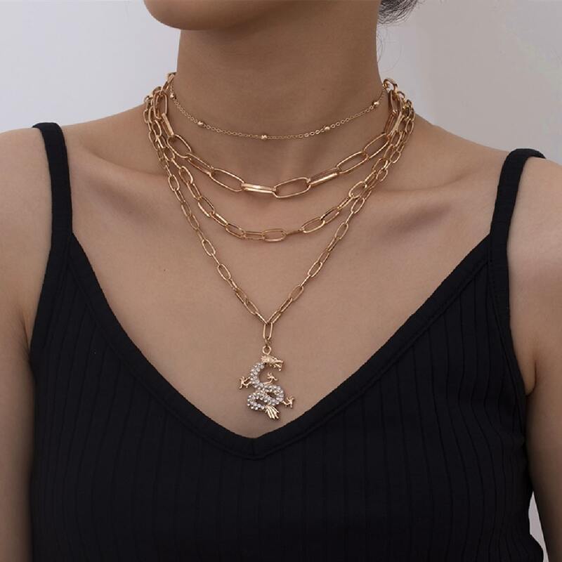 

4pcs Chinese Dragon Chain Necklace, Gold