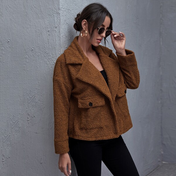 

Flap Pocket Lapel Neck Teddy Jacket, Brown