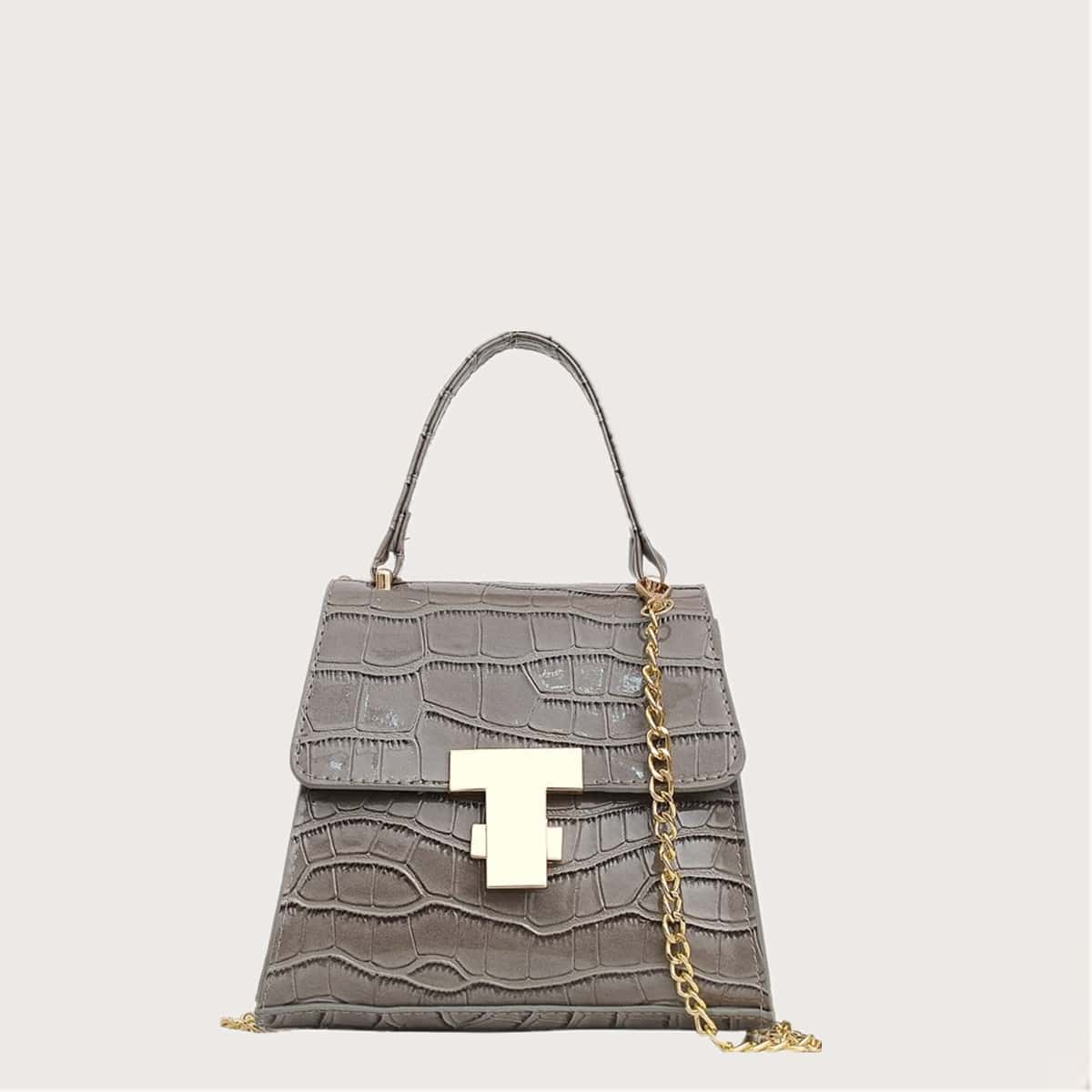 

Croc Embossed Chain Satchel Bag, Grey