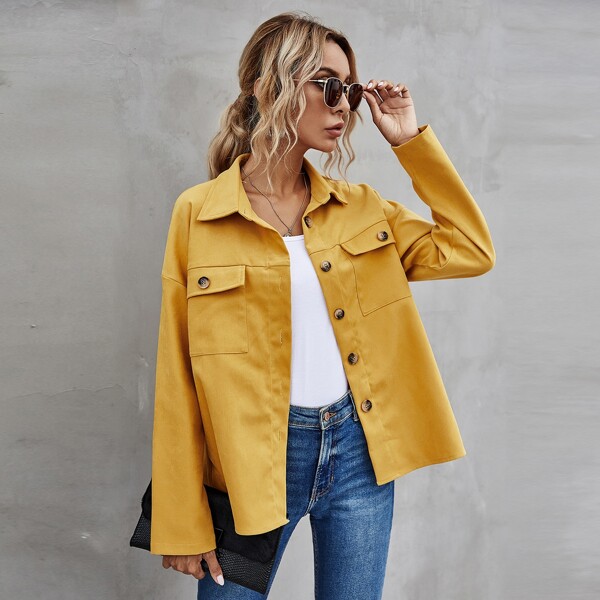 

Button Front Patch Pocket Cord Coat, Mustard yellow