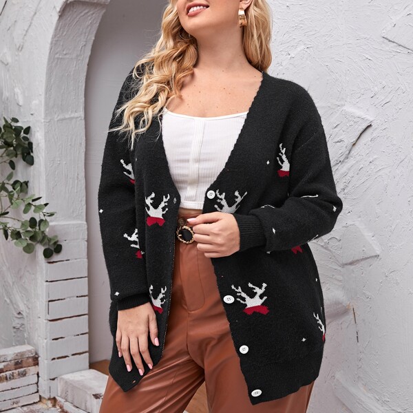 

Plus Graphic Pattern Button Up Cardigan, Black