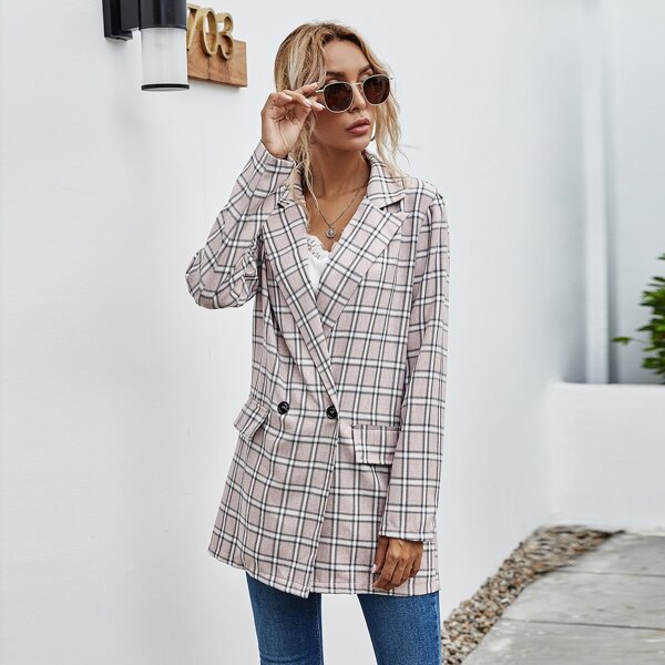 

Double Button Flap Front Plaid Blazer, Baby pink