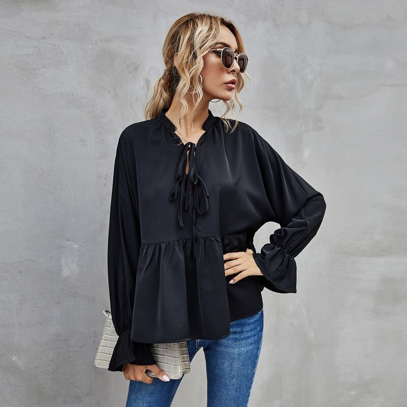

Tie Front Peplum Top, Black