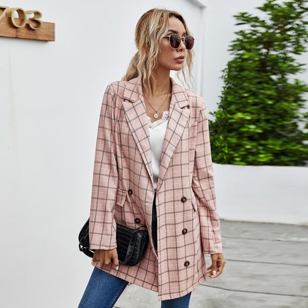 

Double Button Flap Front Plaid Blazer, Dusty pink