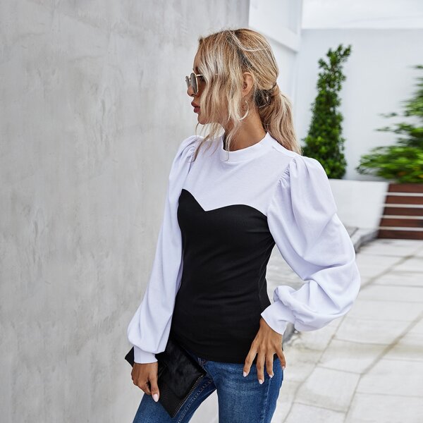 

Lantern Sleeve Rib-knit Color Block Tee, Black and white