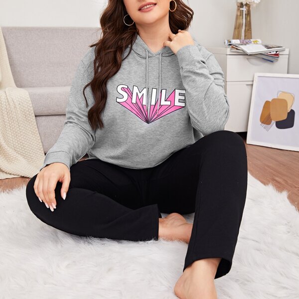 

Plus Letter Graphic Drawstring Sleep Hoodie, Grey