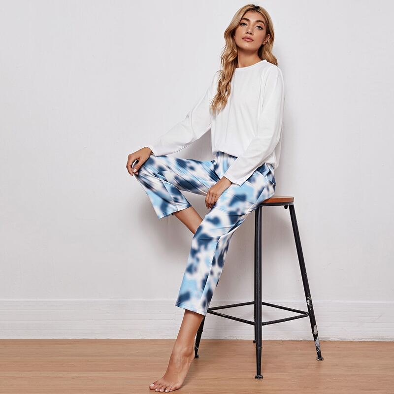 

Solid Tee With Tie Dye Pants Pajama Set, Multicolor