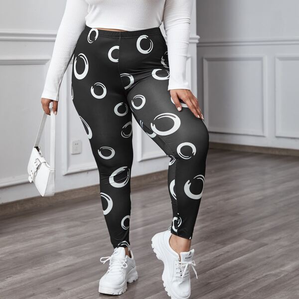 

Plus Graphic Print High Waist Leggings, Black