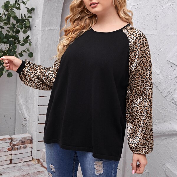 

Plus Leopard Print Raglan Sleeve Sweater, Black