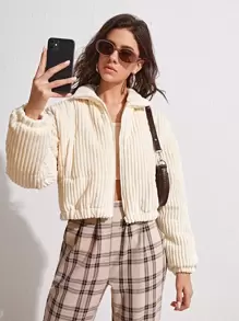 SHEIN x Carly Lawrence SHEIN Unity 拉鏈落肩夾克 - 米色 - 查看 1