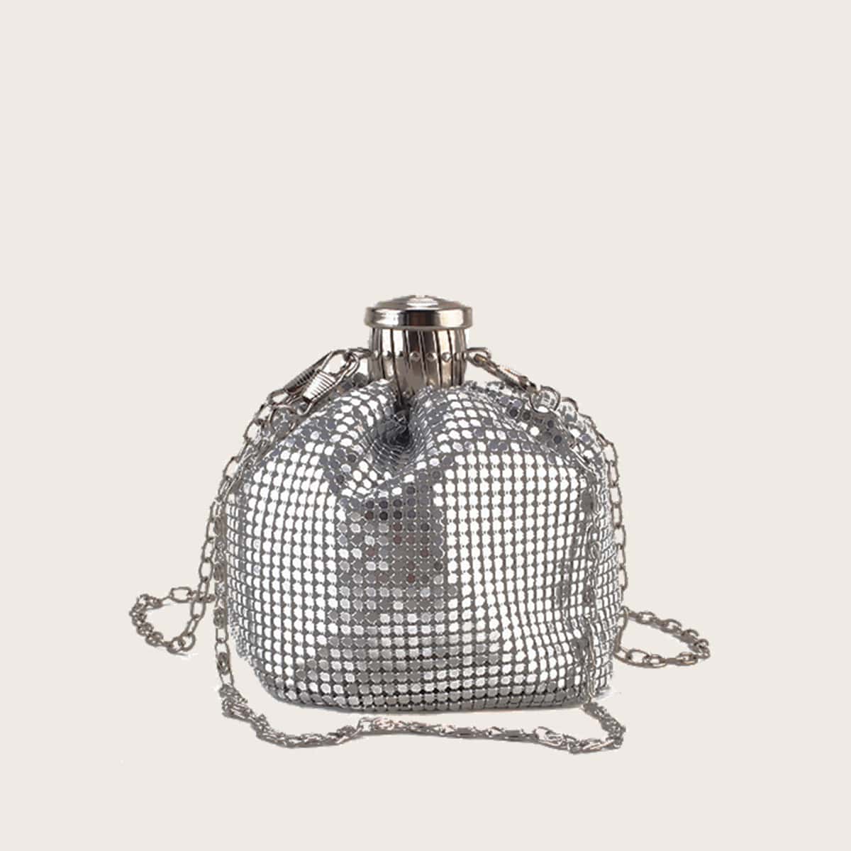 

Rhinestone Chain Mini Bucket Bag, Silver