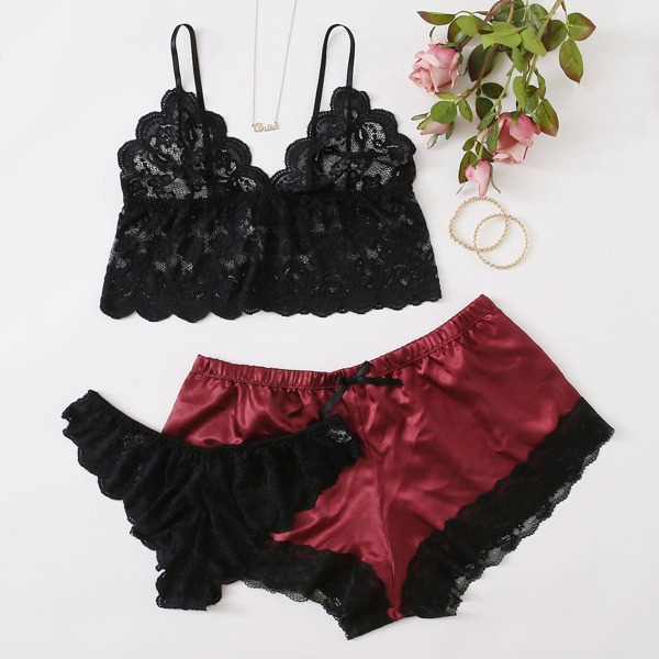 

3pack Plus Floral Lace Satin Lingerie Set, Multicolor