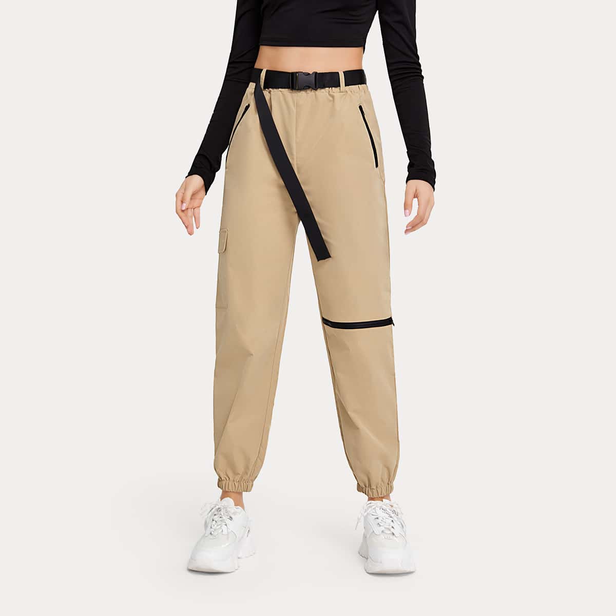 

Zipper Detail Cargo Pants With Belt, Khaki