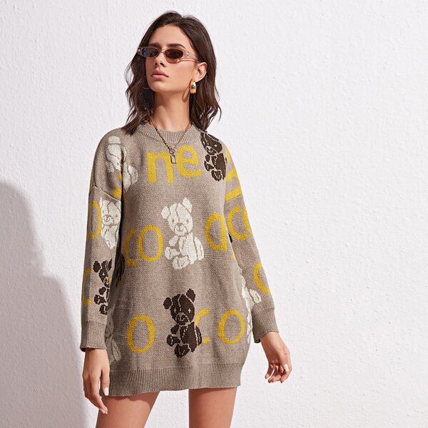 

Drop Shoulder Toy Bear & Letter Graphic Sweater Dress, Apricot