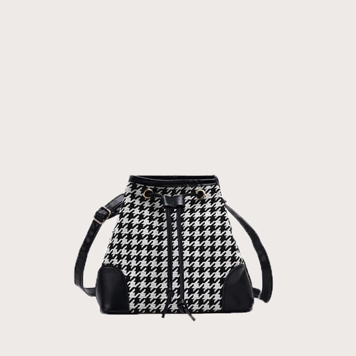 

Houndstooth Drawstring Bucket Bag, Black and white