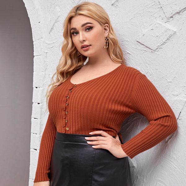 

Plus Button Front Lettuce Trim Sweater, Burnt orange