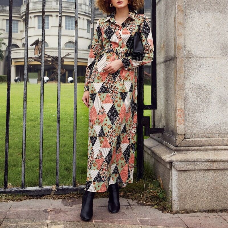

Button Front Patchwork Shirt Dress, Multicolor