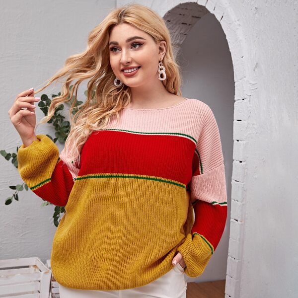 

Plus Color-block Bishop Sleeve Sweater, Multicolor