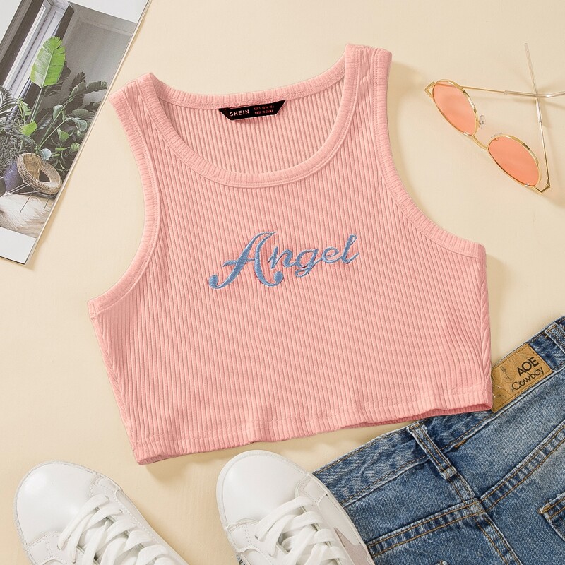 

Letter Embroidered Crop Sweater Vest, Coral pink