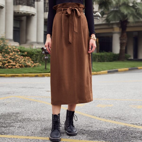 

Paperbag Waist Belted Skirt, Coffee brown
