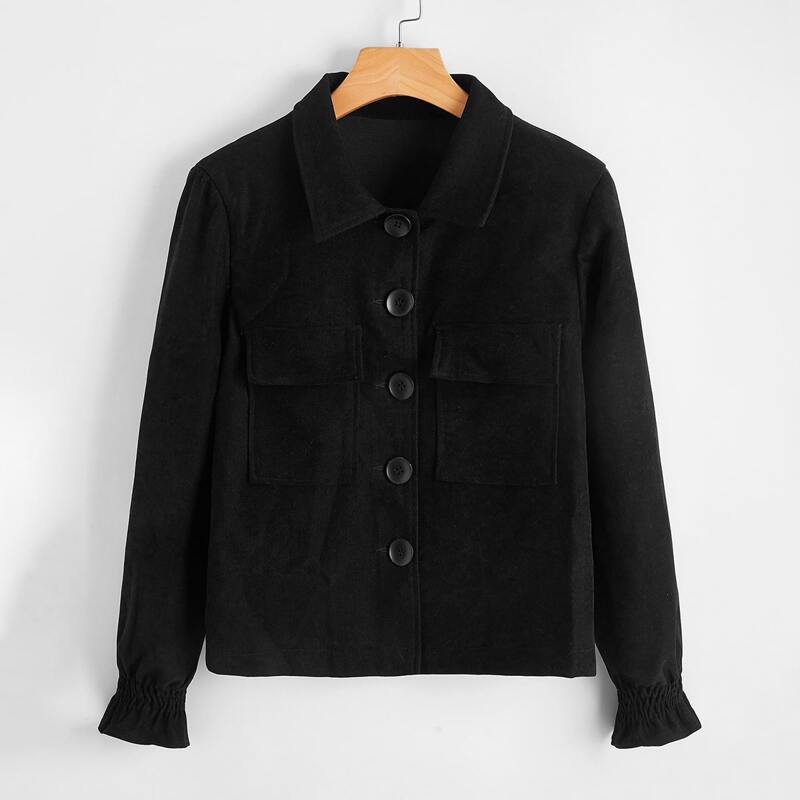 

Flounce Sleeve Flap Pocket Button Front Jacket, Black