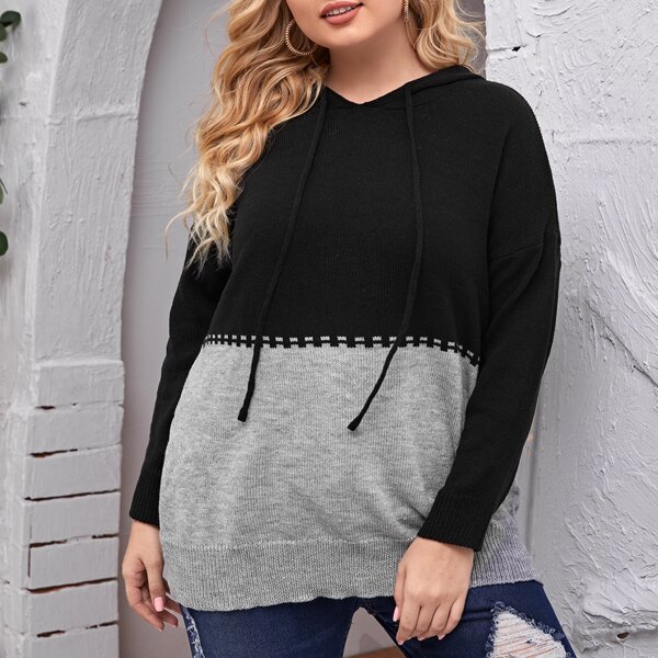 

Plus Drop Shoulder Colorblock Drawstring Hooded Sweater, Multicolor